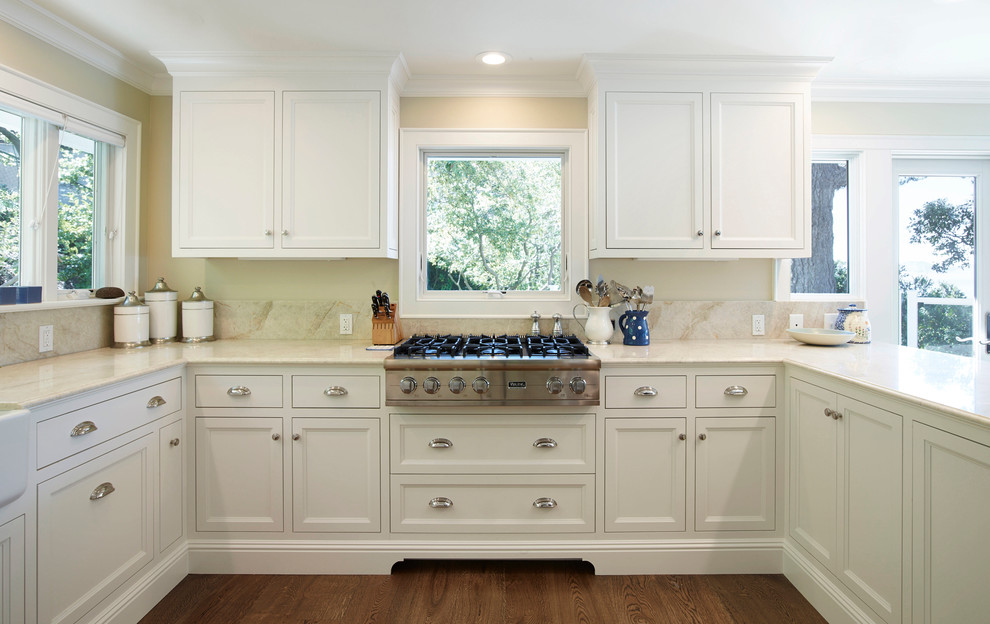 Design ideas for a traditional kitchen in San Francisco with recessed-panel cabinets.