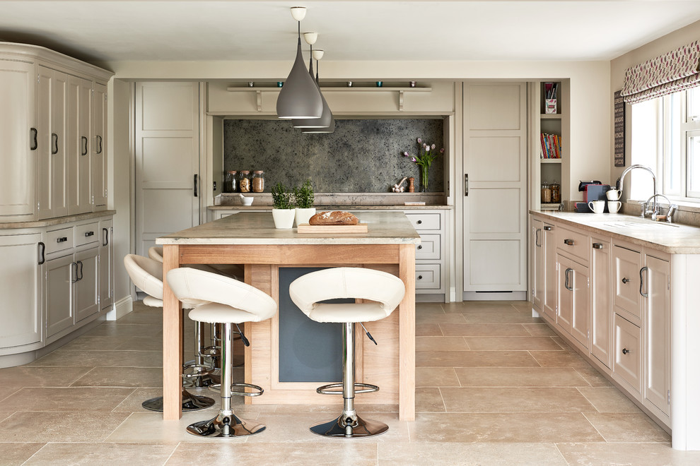 Design ideas for a classic kitchen in Wiltshire with shaker cabinets, grey cabinets, black splashback, an island, beige floors and beige worktops.