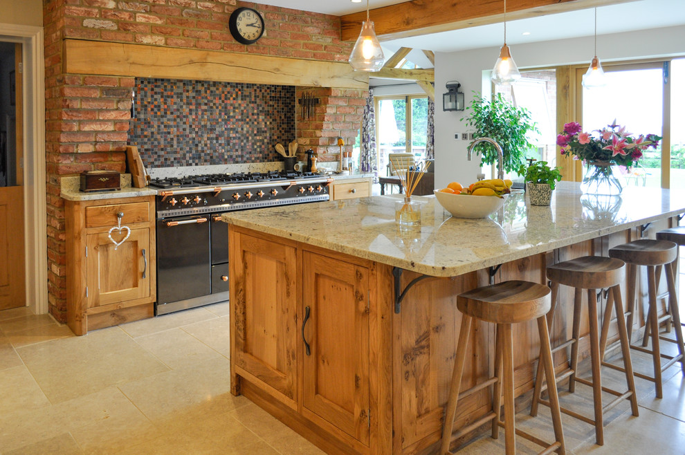 Rustic open plan kitchen in Other with a belfast sink, shaker cabinets, light wood cabinets, granite worktops, limestone flooring, an island, beige floors and white worktops.