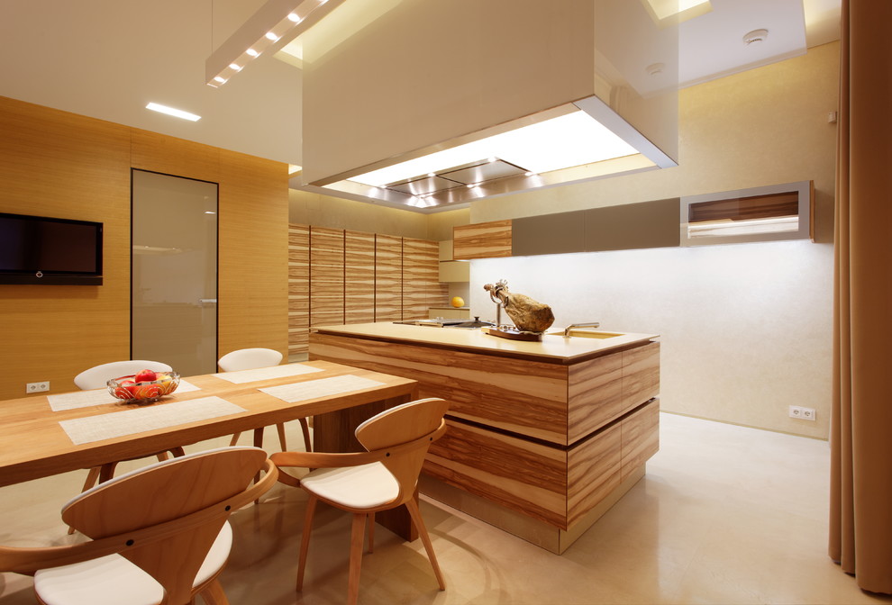 Inspiration for a large contemporary concrete floor eat-in kitchen remodel in Berlin with flat-panel cabinets, medium tone wood cabinets, an island and a single-bowl sink