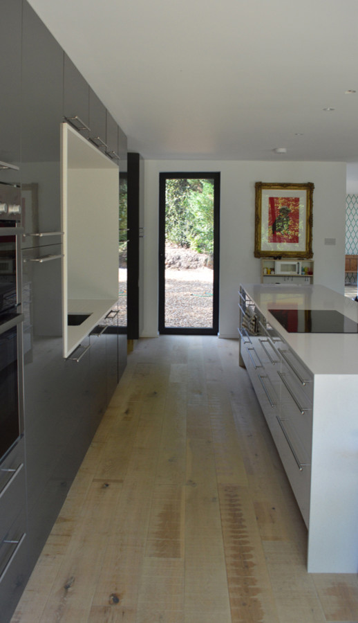Ejemplo de cocina comedor lineal contemporánea de tamaño medio con armarios con paneles lisos, puertas de armario grises, salpicadero blanco, electrodomésticos con paneles y una isla