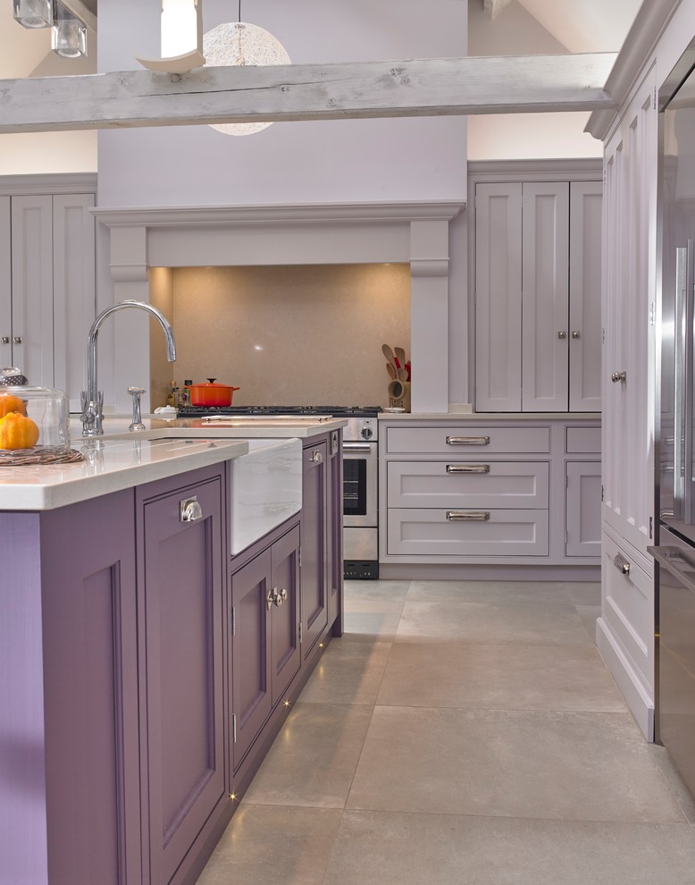 Design ideas for a large traditional single-wall kitchen/diner in Cheshire with a belfast sink, recessed-panel cabinets, purple cabinets, quartz worktops, beige splashback, stainless steel appliances, porcelain flooring, an island, beige floors and beige worktops.