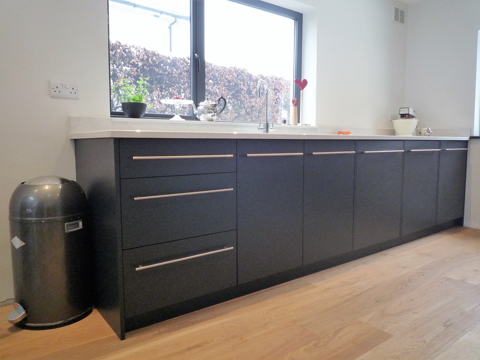 Medium sized scandi galley open plan kitchen in Other with an integrated sink, flat-panel cabinets, quartz worktops and medium hardwood flooring.
