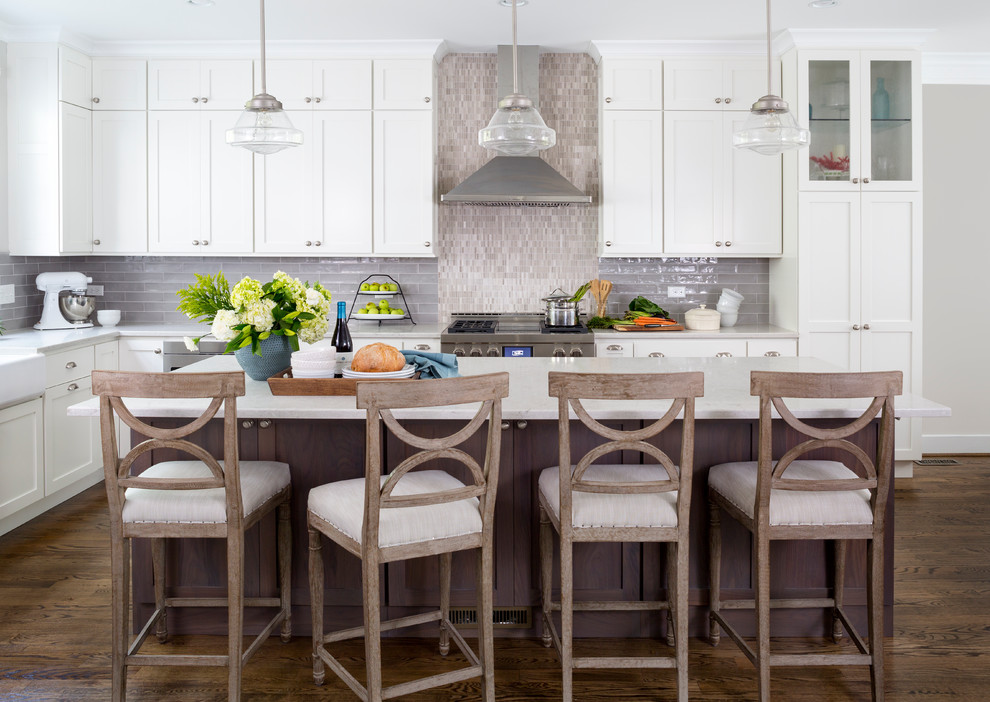 ワシントンD.C.にあるトランジショナルスタイルのおしゃれなキッチン (シェーカースタイル扉のキャビネット、白いキャビネット、グレーのキッチンパネル、シルバーの調理設備、濃色無垢フローリング) の写真
