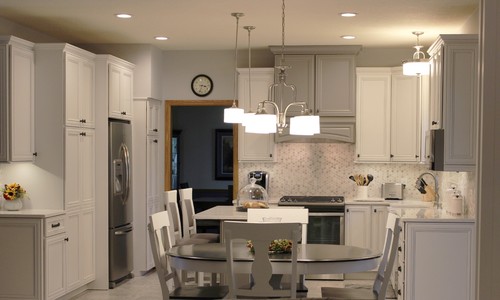 Greige kitchen with gray and white 