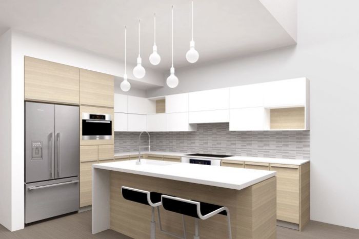 Exempel på ett mellanstort modernt kök, med en undermonterad diskho, släta luckor, vita skåp, bänkskiva i kvarts, grått stänkskydd, stänkskydd i keramik, rostfria vitvaror, mörkt trägolv och en köksö
