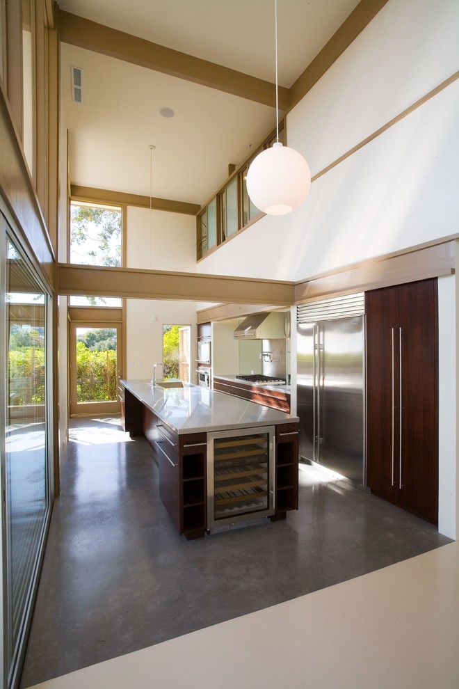 Photo of a modern galley kitchen in Los Angeles with stainless steel appliances.