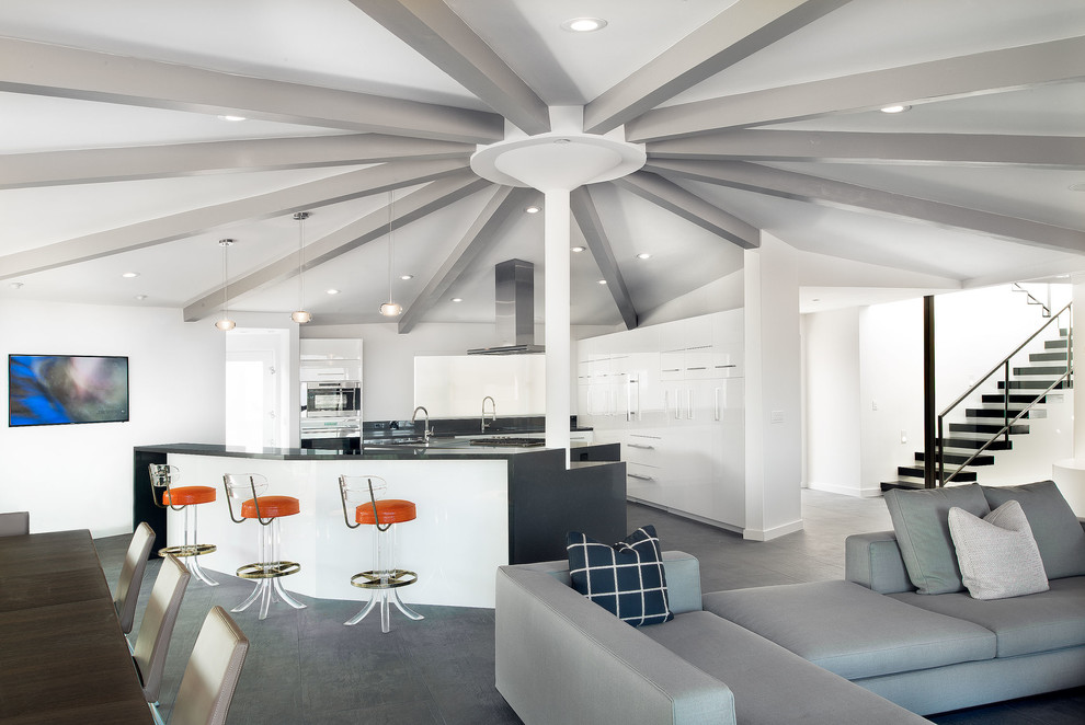 Источник вдохновения для домашнего уюта: кухня-гостиная в стиле ретро с плоскими фасадами и белыми фасадами