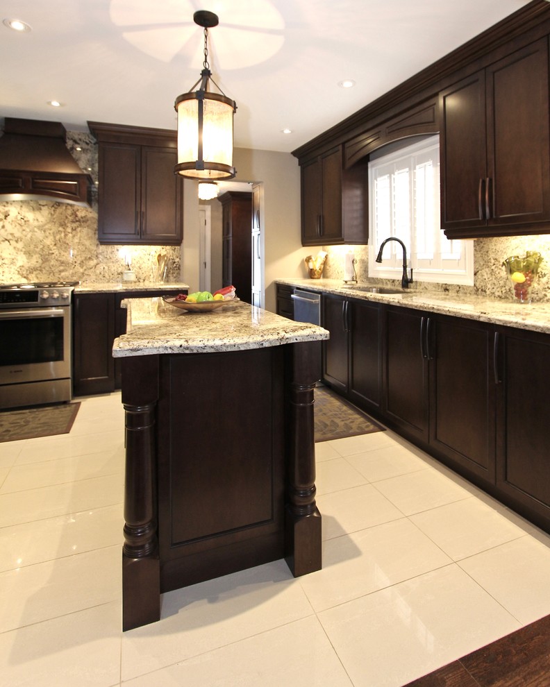 Photo of a medium sized classic l-shaped kitchen/diner in Toronto with a submerged sink, recessed-panel cabinets, dark wood cabinets, granite worktops, multi-coloured splashback, stone slab splashback, stainless steel appliances, porcelain flooring, an island, white floors and multicoloured worktops.