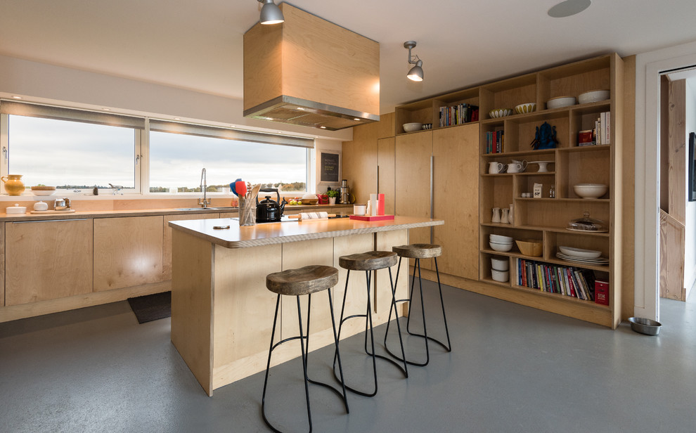 Foto di una grande cucina scandinava con lavello stile country, ante in legno chiaro, top in legno, elettrodomestici in acciaio inossidabile, pavimento in cemento e pavimento grigio