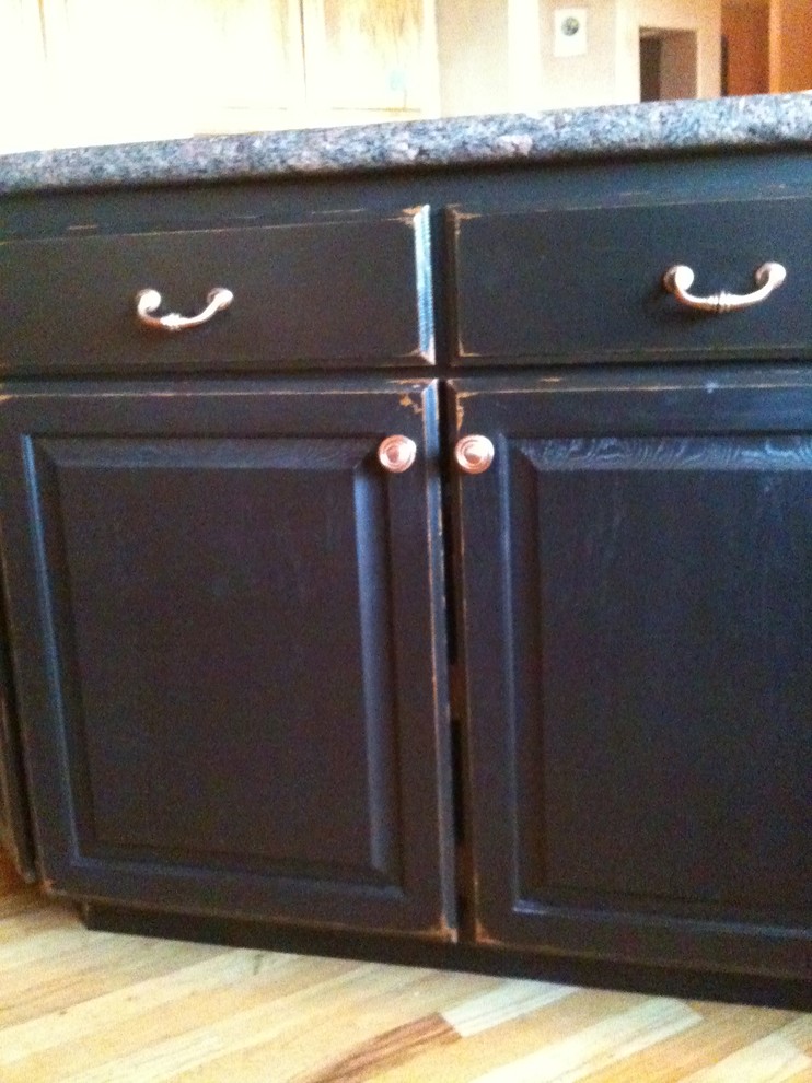 Black and red distressed kitchen island Traditional Kitchen