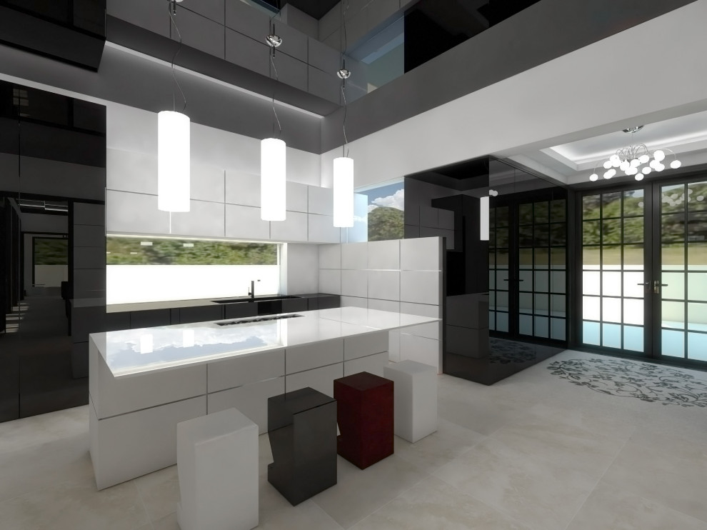 Идея дизайна: большая параллельная кухня-гостиная у окна в стиле модернизм с полом из известняка, бежевым полом, накладной мойкой, столешницей из кварцевого агломерата и островом