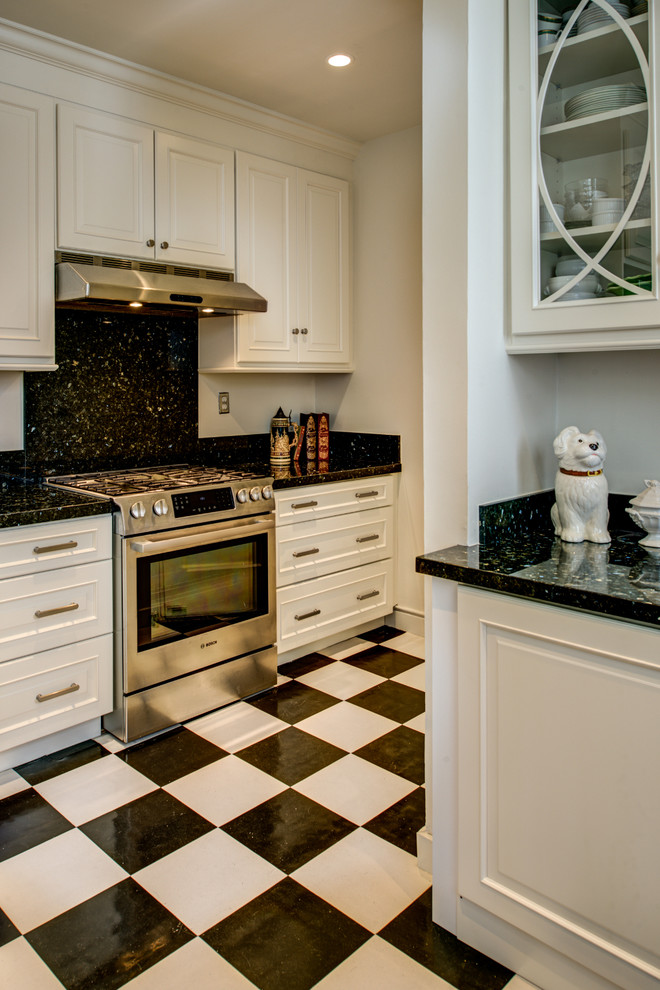 Idéer för ett litet klassiskt kök, med luckor med upphöjd panel, vita skåp, granitbänkskiva, svart stänkskydd och rostfria vitvaror