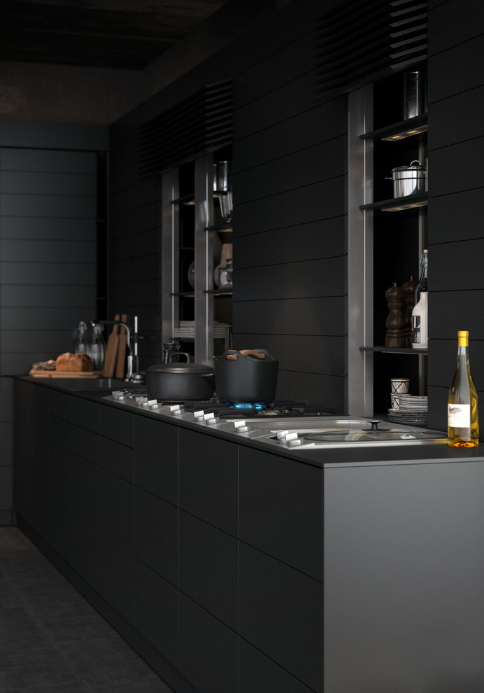 Modern inredning av ett mellanstort kök, med en nedsänkt diskho, bänkskiva i koppar, svart stänkskydd, rostfria vitvaror, betonggolv och en köksö