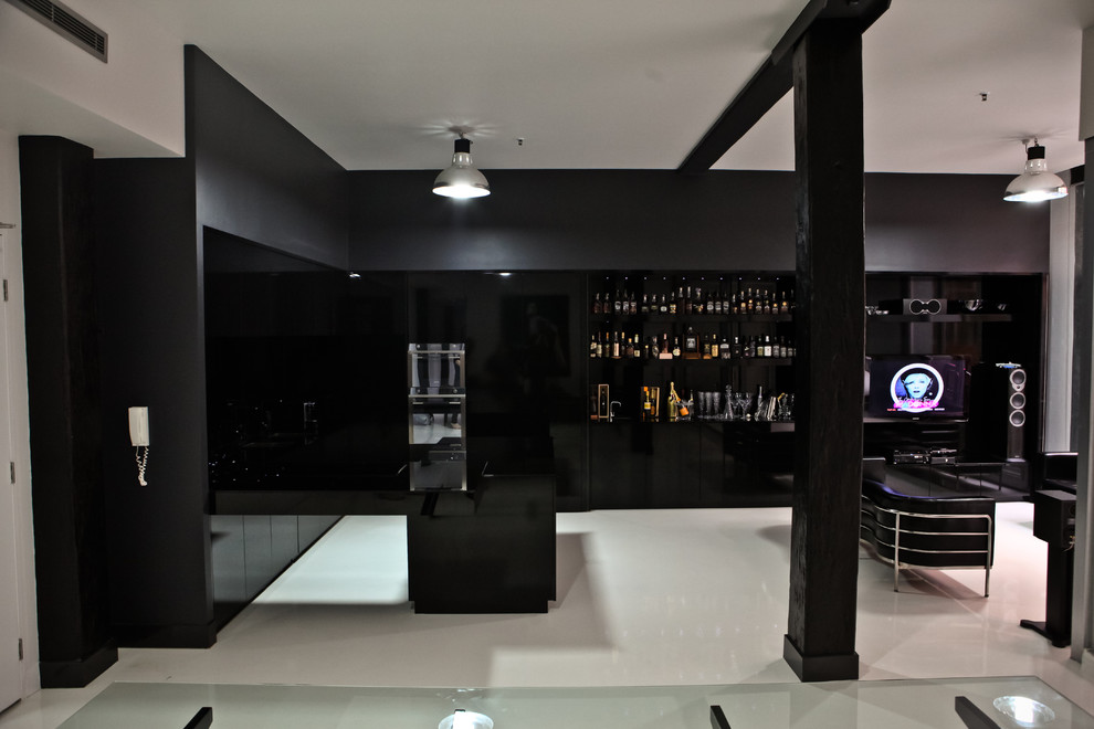 Photo of a contemporary open plan kitchen in Brisbane with open cabinets and black cabinets.