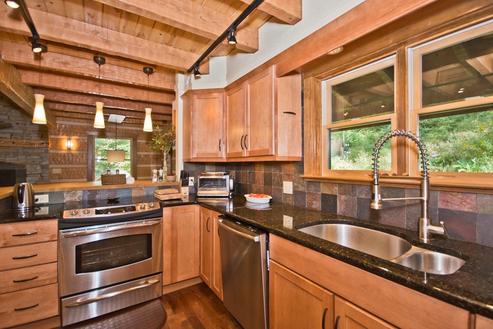 Example of a mid-sized mountain style u-shaped dark wood floor open concept kitchen design in Other with recessed-panel cabinets, light wood cabinets, a double-bowl sink, granite countertops, multicolored backsplash, slate backsplash and stainless steel appliances