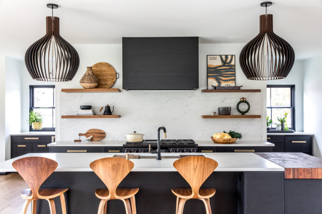 Stylish Kitchens With Bold Black Cabinets, Light Tan Wood Kitchen Cabinets With Black Countertops