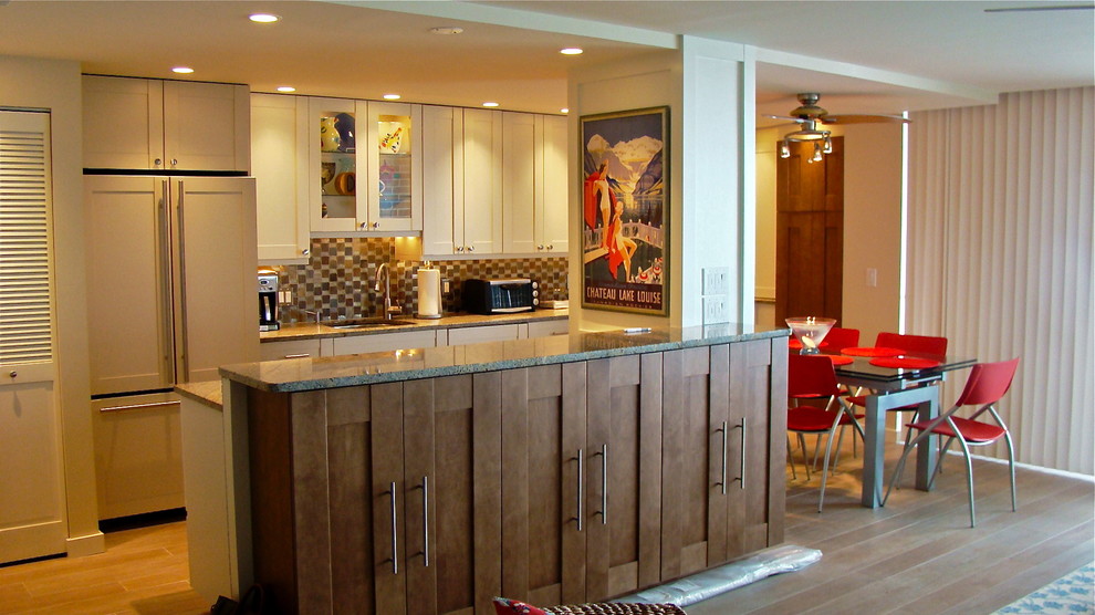 Zweizeilige Moderne Wohnküche mit Unterbauwaschbecken, Schrankfronten im Shaker-Stil, weißen Schränken, Granit-Arbeitsplatte, bunter Rückwand und Elektrogeräten mit Frontblende in Philadelphia