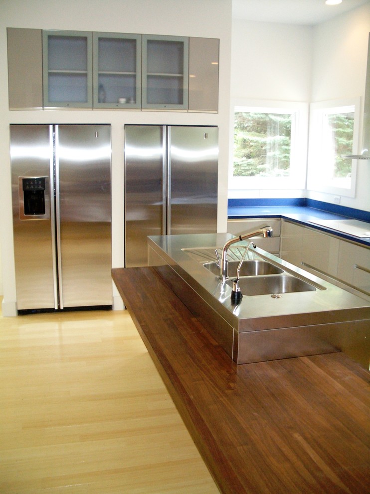 Idéer för ett stort modernt kök och matrum, med en undermonterad diskho, blå skåp, träbänkskiva, rostfria vitvaror, ljust trägolv och en köksö