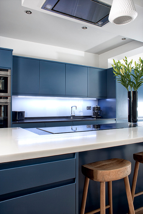 エセックスにある中くらいなモダンスタイルのおしゃれなキッチン (シングルシンク、フラットパネル扉のキャビネット、青いキャビネット、シルバーの調理設備、ガラス板のキッチンパネル、無垢フローリング) の写真
