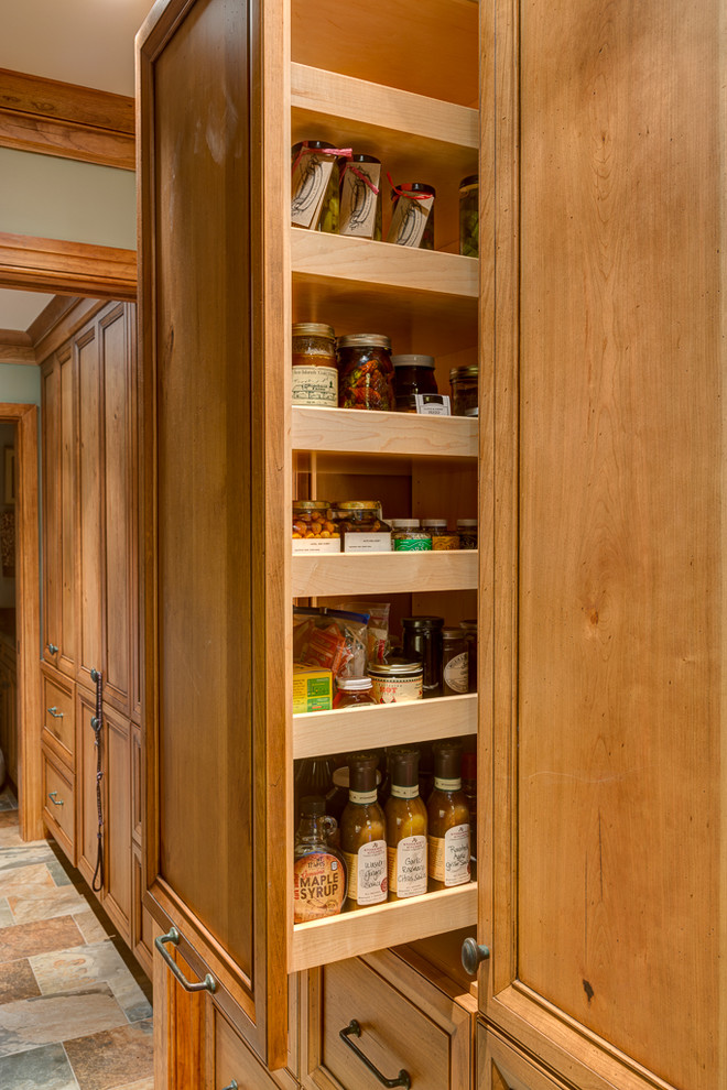 Example of a transitional kitchen design in Other with recessed-panel cabinets and medium tone wood cabinets