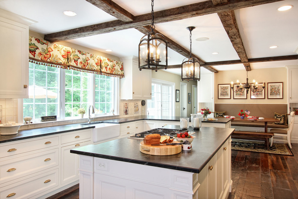 Inspiration for a classic kitchen/diner in Philadelphia with recessed-panel cabinets and white cabinets.