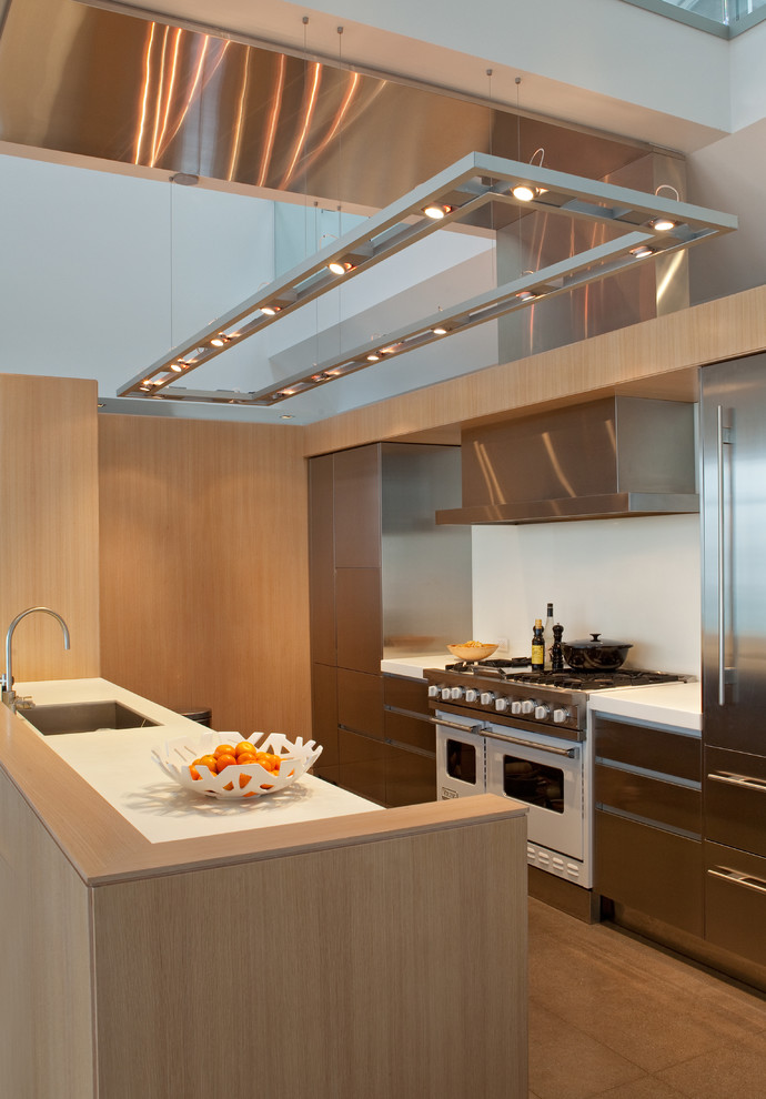 Exemple d'une cuisine parallèle tendance en inox avec un placard à porte plane, une crédence blanche, un électroménager blanc et îlot.