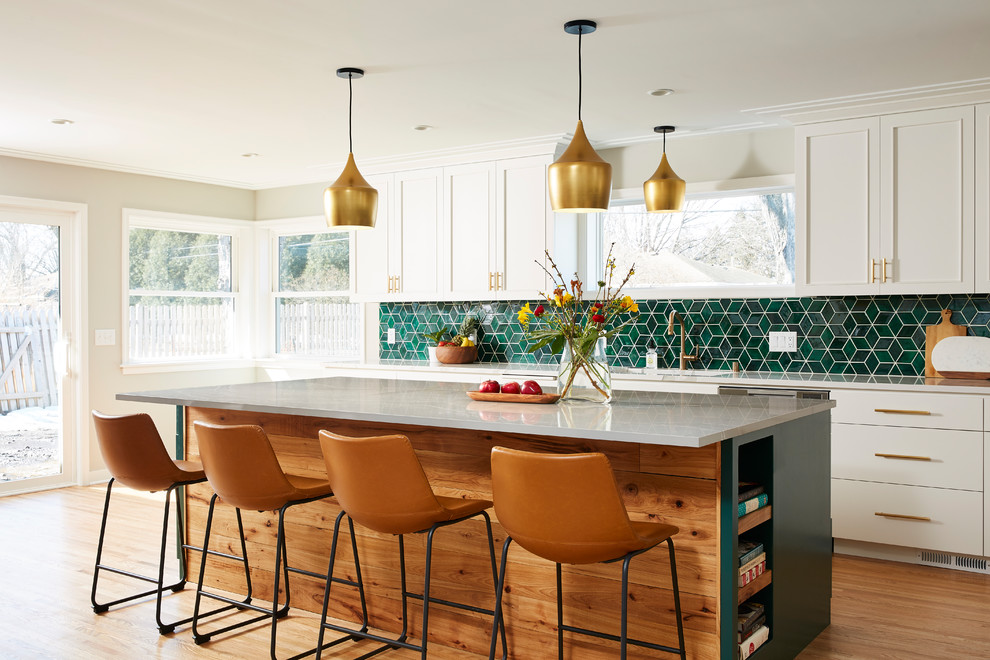 Design ideas for a large classic l-shaped open plan kitchen in Minneapolis with beaded cabinets, white cabinets, blue splashback, ceramic splashback and an island.