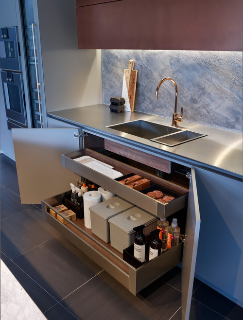 Marble Backsplash Beauty: Contemporary Kitchen Storage Cabinet Ideas