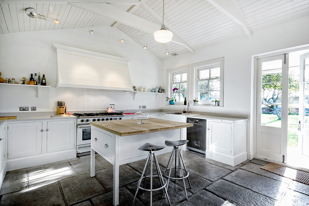 Idéer för ett lantligt u-kök, med en rustik diskho, luckor med infälld panel, vita skåp, rostfria vitvaror och en köksö