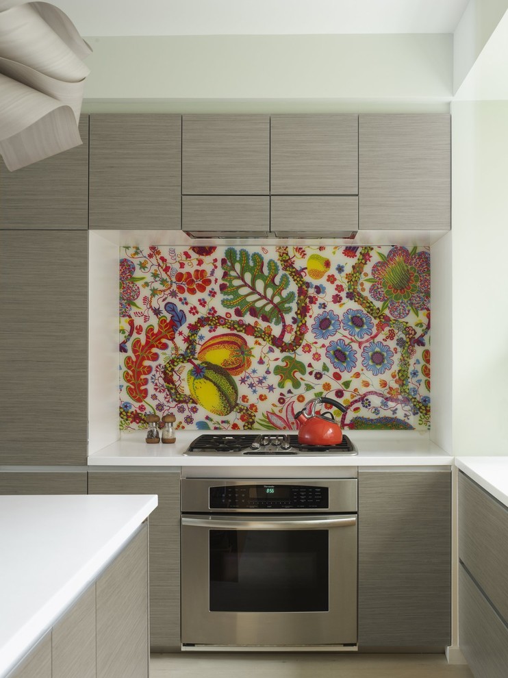 Cette photo montre une cuisine éclectique avec un électroménager en acier inoxydable, un placard à porte plane, des portes de placard grises et une crédence multicolore.
