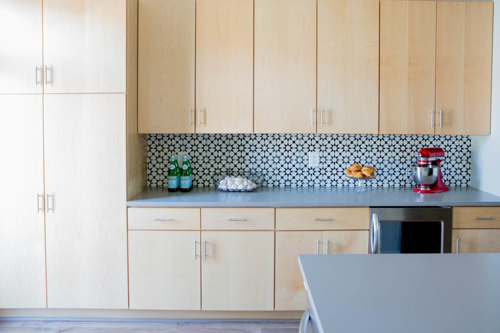 Идея дизайна: кухня в современном стиле с фартуком из цементной плитки и техникой из нержавеющей стали