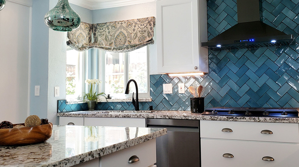Bold Blue Herringbone Pattern Backsplash - Modern - Kitchen ...