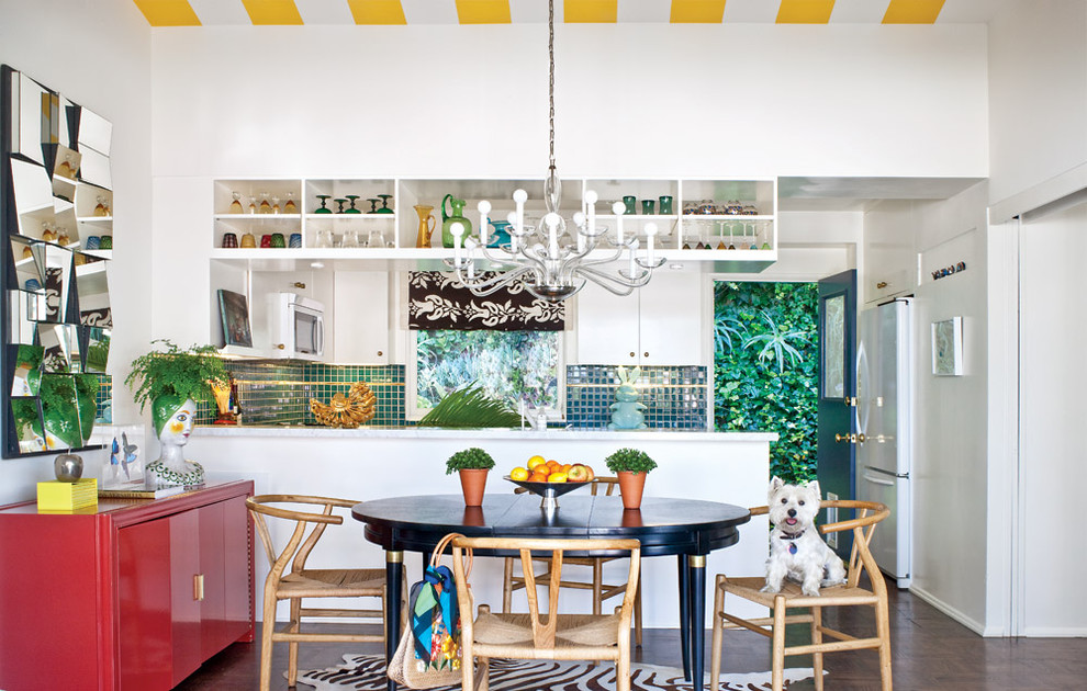 Inspiration for an eclectic kitchen remodel in San Francisco with flat-panel cabinets, white cabinets, blue backsplash and white appliances