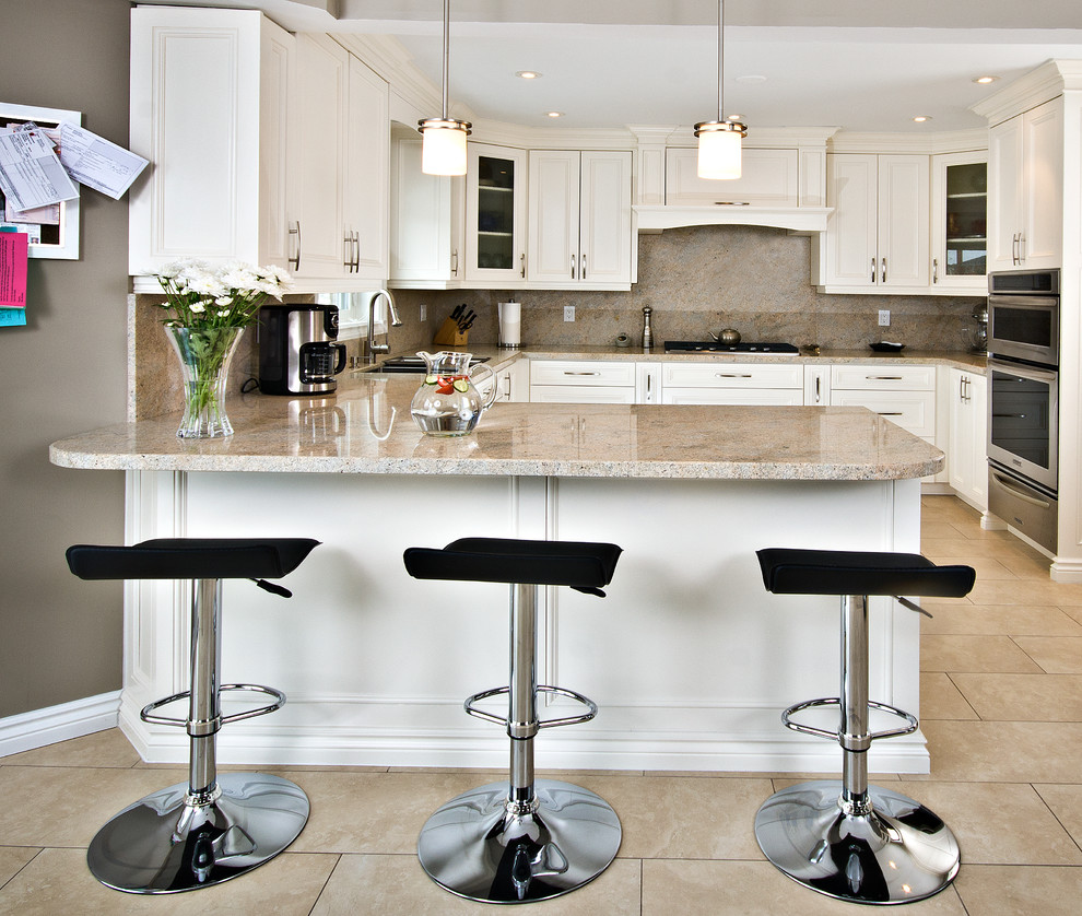 Mid-sized elegant u-shaped porcelain tile and beige floor eat-in kitchen photo in Toronto with an undermount sink, white cabinets, granite countertops, multicolored backsplash, stone slab backsplash, stainless steel appliances, recessed-panel cabinets and a peninsula