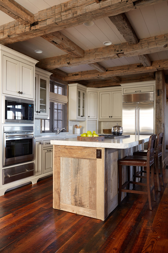 Inspiration for a rustic l-shaped kitchen remodel in Richmond with beaded inset cabinets, white cabinets and stainless steel appliances