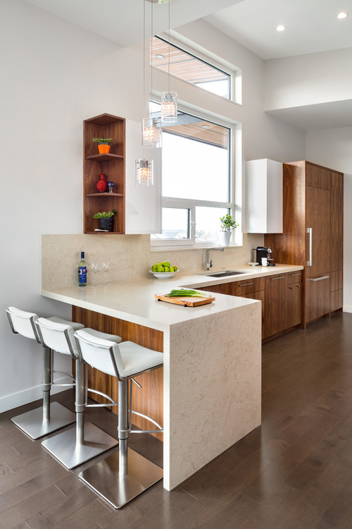 Enhance Walnut Cabinetry with Beige Granite Backsplash, Countertop, and Small Kitchen Shelf Designs