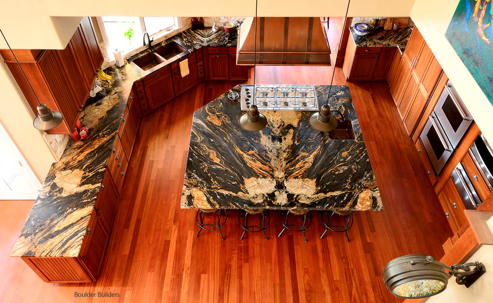 Bookmatched Magma Gold 6cm Chiseled edge Kitchen Countertop Rustic