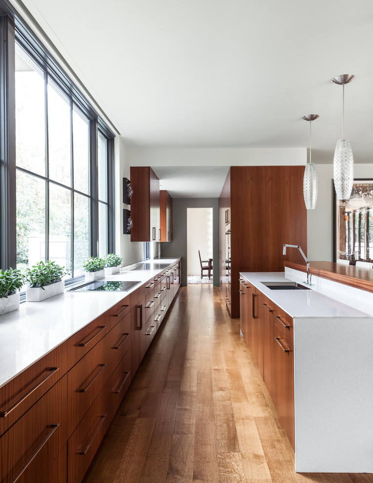 Источник вдохновения для домашнего уюта: параллельная кухня в стиле модернизм с врезной мойкой, плоскими фасадами и фасадами цвета дерева среднего тона