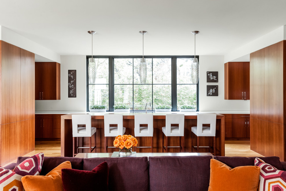 Идея дизайна: кухня-гостиная в современном стиле с плоскими фасадами и фасадами цвета дерева среднего тона