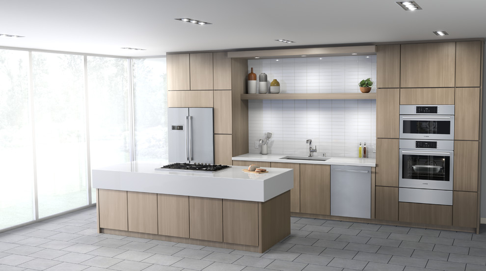 Idéer för att renovera ett mellanstort funkis linjärt kök, med en undermonterad diskho, släta luckor, skåp i ljust trä, bänkskiva i koppar, vitt stänkskydd, stänkskydd i keramik, en köksö och grått golv
