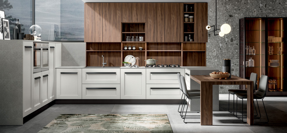 Exempel på ett mellanstort modernt brun brunt kök, med en nedsänkt diskho, släta luckor, skåp i mörkt trä, träbänkskiva, brunt stänkskydd, stänkskydd i trä, rostfria vitvaror, cementgolv, en köksö och grått golv