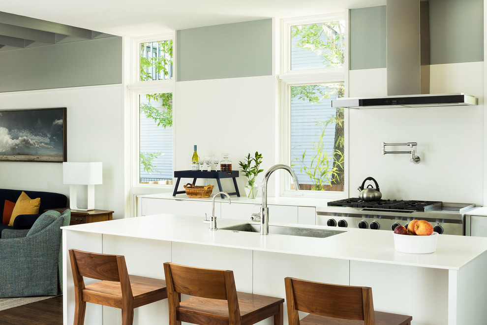 Foto di una cucina moderna con lavello sottopiano, ante lisce, ante bianche, elettrodomestici in acciaio inossidabile, parquet scuro e top bianco