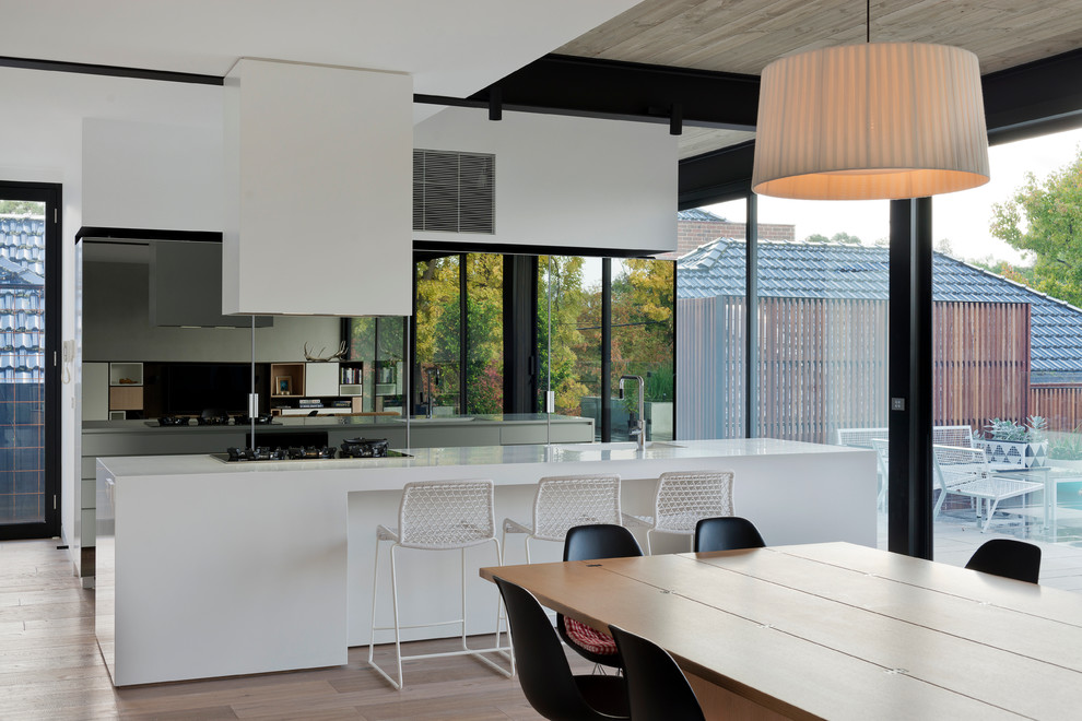 メルボルンにあるトランジショナルスタイルのおしゃれなキッチン (フラットパネル扉のキャビネット、パネルと同色の調理設備、淡色無垢フローリング) の写真