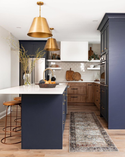 Infusing Blue and Wood Cabinets with Beige Subway Tile Backsplash