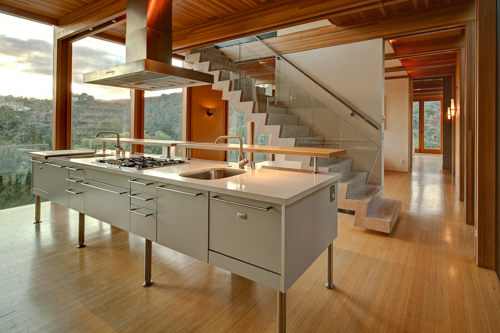 Photo of a contemporary kitchen in Los Angeles with a submerged sink, flat-panel cabinets and grey cabinets.