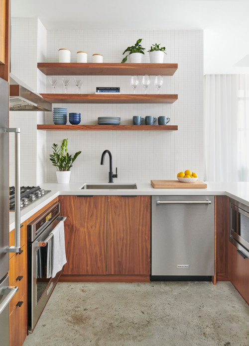 White Full-Height Backsplash and Small Kitchen Shelf Inspirations for Your Compact Kitchen