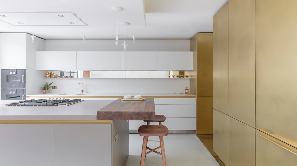 This is an example of a medium sized contemporary kitchen/diner in Other with a double-bowl sink, flat-panel cabinets, white cabinets, mirror splashback, an island, white floors and white worktops.