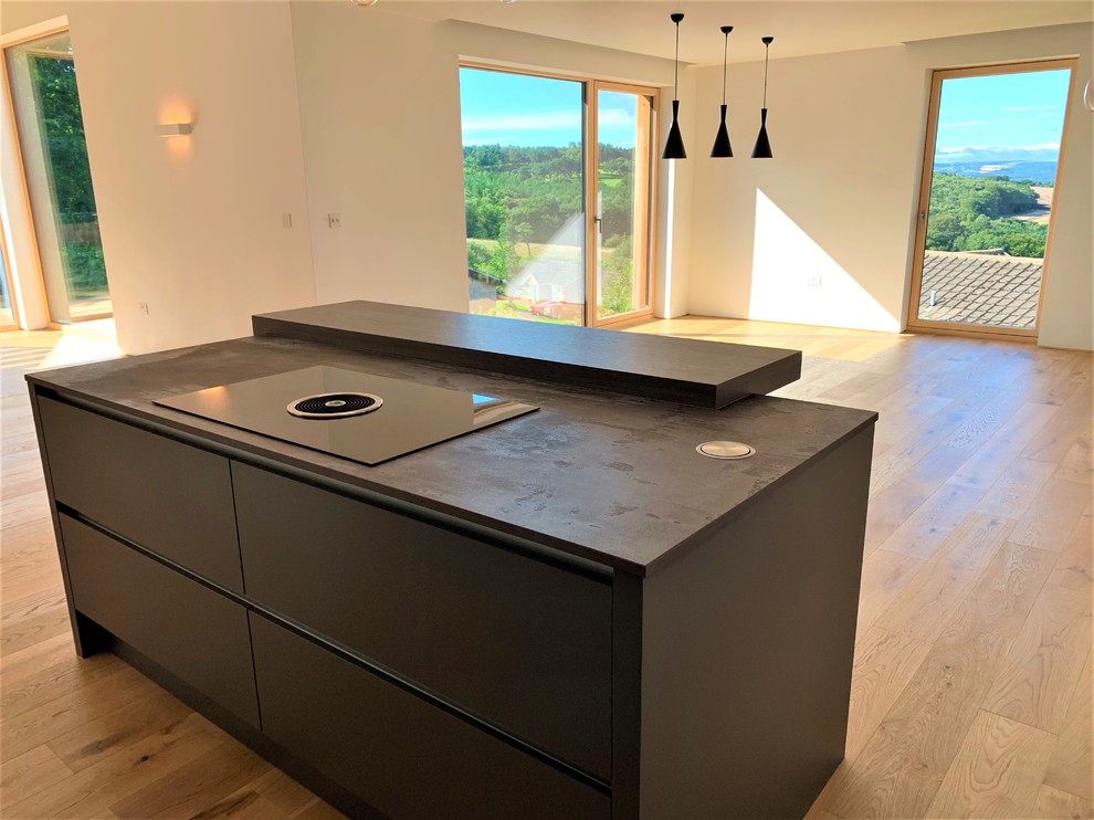 Inspiration for a large contemporary l-shaped open plan kitchen in Other with a single-bowl sink, flat-panel cabinets, dark wood cabinets, composite countertops, stainless steel appliances, light hardwood flooring and an island.