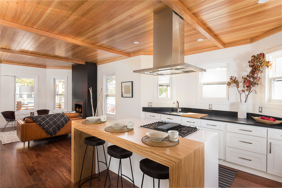 Foto på ett mellanstort funkis l-kök, med en undermonterad diskho, luckor med glaspanel, vita skåp, vitt stänkskydd, rostfria vitvaror, mellanmörkt trägolv och en köksö